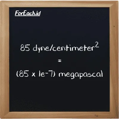 How to convert dyne/centimeter<sup>2</sup> to megapascal: 85 dyne/centimeter<sup>2</sup> (dyn/cm<sup>2</sup>) is equivalent to 85 times 1e-7 megapascal (MPa)
